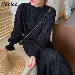 High Neck Pullover Flare Long Sleeve Solid Dress Women Wais Hip Draped Design A Line Vestidos Vintage Robe 210422