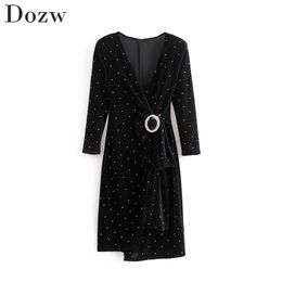 Women Elegant V Neck Dot Dress Diamonds Black Color Fashion Mini Dresses Three Quarter Sleeve Party Dress Lady Vestido De Festa 210414