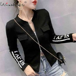 Fall Winter Korean Style Cotton Coat Sexy Chic Pockets Zipper Pullover Print Letter Women Tops Ropa Mujer Short Jacket C08901L 210922