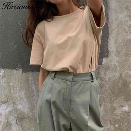 Hirsionsan Basic Cotton T Shirt Women Summer Oversized Solid Tees 7 Color Casual Loose Tshirt Korean O Neck Female Tops 210720