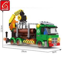 AUSINI Logging Trucks Car Construction City Building Blocks Worker Figure Bricks Toys for Children Crane Model Creator Kids Game Q0624