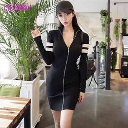 Korean temperament color matching stand collar zipper stretch Slim knit bag hip bottom dress 210416