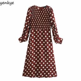 Vintage Autumn Women Lantern Sleeve O Neck A-line Midi Fashion Female Casual Polka Dot Dress Vestido 210514