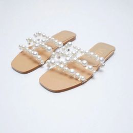 Meotina Sandals Women Beading Slippers Square Toe Transparent Flat Slides Summer Fashion Bohemia Sandals Ladies Footwear 40 210520