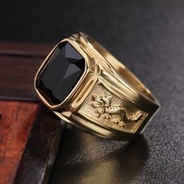 Cluster Rings Successful Men Must Have Classic Ring Party Jewelry Inlaid Black Zircon Carved Golden Dragon Gift