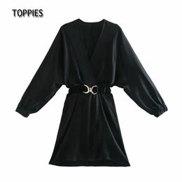 Toppies Black Satin Party Dresses Women Mini Dresses Sexy Long Sleeve V-Neck Ladies Elegant vestidos Belt Waist 210412