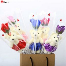 Single Bear Soap Flower Bear Simulation Artificial Flower Rose Single Rose For Valentines Day Party Single Bouquet Gift Wqwe