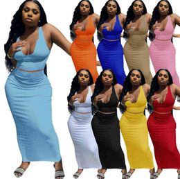 Plus Size Women Solid Colour Two Piece Dresses Low Collar Maxi Skirt Suits Strap Sleeveless Tank Top+Floor-Length Skirts Summer Clothes