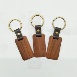 Foreign trade wooden keychain can be engraved and printed square leather buckle key ring pendant