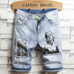 3D character art printed men's light blue comfortable denim shorts 2020 summer new youth must-have fashion slim jeans shorts H1206