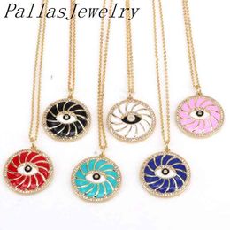 5Pcs Design CZ Pave Enamel Pendant Chain Necklace Femme Neon Colour Round Eye Turkish Women Men Jewellery