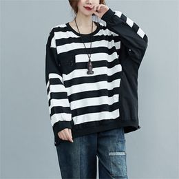 Spring Autumn Korea Fashion Women Batwing Sleeve Loose Hoodies All-matched Casual Cotton Striped Pullovers Big Size M651 210512