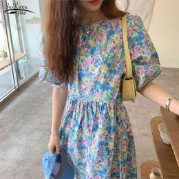 Women Summer Dress Sweet Oil Panting Flower Long High Waist Puff Sleeve Pleat es Woman Pullover Clothing 14540 210521