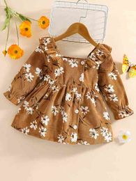 Baby Floral Print Flounce Sleeve Ruffle Trim Corduroy Dress SHE