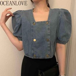 Women Blouses Puff Sleeve Vintage Short Sexy Denim Sqaure Neck Blusas Mujer Korean Loose Shirts Tops 210415