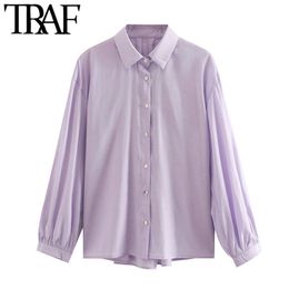 TRAF Women Fashion Semi-sheer Back Pleated Detail Blouses Vintage Lapel Collar Long Sleeve Female Shirts Chic Tops 210415