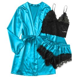 3 Piece Robes Lace Camisole Shorts Sets Satin Pyjamas Wome Summer Soft Sleepwear Underwear Lingerie Pijama Mujer 2021 A30 X0526