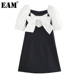 [EAM] Women Black Bow Elegant Spliced Dress Square Neck Half Puff Sleeve Loose Fit Fashion Spring Summer 1DD7858 210512