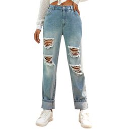 Street style Retro denim pants Women jeans washed high waist ripped trousers for women Vintage Pants 210508