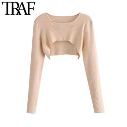 TRAF Women Fashion Asymmetric Cropped Knitted Sweater Vintage O Neck Long Sleeve Female Pullovers Chic Tops 210415