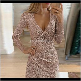 Casual Dresses Apparel Womens Sexy Silver Glitter Deep V Neck Sequin Mini Bodycon Dress Autumn Winter Long Sleeve Party Cvgux