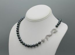 Hand knotted 8-9mm black freshwater pearl necklace 45cm micro inlay zircon dragon magnetic clasp fashion jewelry