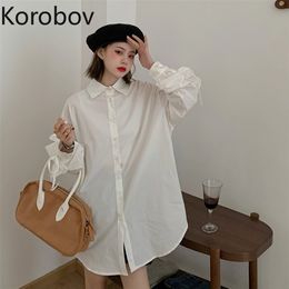 Korobov Korean Women Solid Shirts New Arrival Long Sleeve Ruched Drawstring Oversize Streetwear Shirt Office Lady Blouses 210430