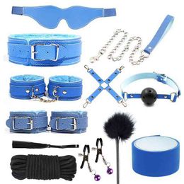 NXY SM Sex Adult Toy 12pcs Games Toys Bdsm Leather Bondage Handcuffs Mouth Gag Nipples Clips Collar Whip Pvc Tape Sm Kits for Couples1220