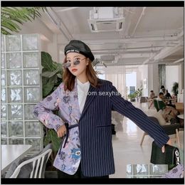 Suits & Blazers Clothing Apparel Drop Delivery 2021 Spring Loose Womens Irregular Stripes Stitching Flowers Printing Chic Lace-Up Blazer Plus