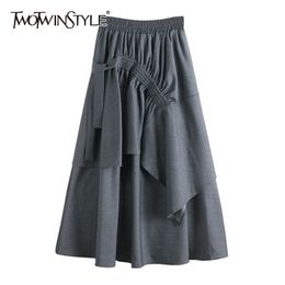 Black Irregular Skirt Female High Waist Patchwork Ruffle Ruched Casual Skirts For Women Fashion Clothing 210521