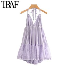 TRAF Women Chic Fashion Patchwork Mesh Pleated Mini Dress Vintage Backless Tied Straps Summer Beach Female Dresses 210415