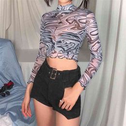 E Girl Print Long Sleeve Crop Tops T Shirt Transparents Ruffles Hems Mesh Turtleneck Tshirt Y2k Aesthetic Streetwear 210623