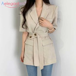 Aelegantmis Elegant Casual Blazers Women Slim Short Sleeve Blazer Jacket With Belt Office Lady Work Suit Coat Ladies Outerwear 210607