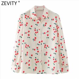 Zevity Women Sweet Cherry Print Casual Smock Blouse Office Ladies Pleat Puff Sleeve Buckles Shirt Chic Blusas Tops LS9144 210603