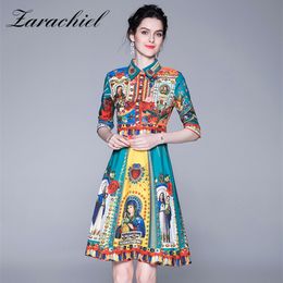 Women Autumn Elegant Character Flower Printed Half Sleeve Shirt Vintage Knee Length High Waist Casual Party Dress Vestidos 210416