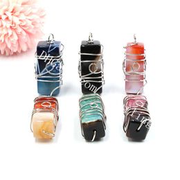 Mixed Random Color Dyed Agate Grounding Stone 3D Bar Pendants, Handmade Wire Wrapped Quartz Crystal Gemstone 4 Sided Vertical Cube Bars Charms for Jewelry Making