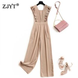 Summer Designers Elegant Sleeveless Shirring Ruffles Solid Office Lady Jumpsuits Womens Rompers Party Overalls Full Length Pants 210601