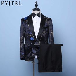 PYJTRL Mens Stylish Royal Blue Embroidery Birds Floral Pattern Suits Wedding Groom Slim Fit Tuxedo Stage Singer Costume Homme X0909