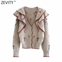 Women Fashion V Neck Flower Embroidery Appliques Cardigan Knitting Sweater Female Chic Cascading Ruffles Casual Tops S559 210420