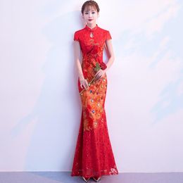 vintage asia Canada - Ethnic Clothing Sexy Red Embroidery Women Cheongsam Noble Elegant Sparkle Dress Vintage Bridesmaid Wedding Qipao Slim Asia Ladies Robe Gown