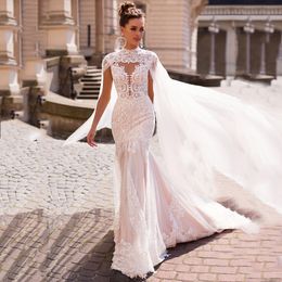 Mermaid beach Wedding Dresses With Cape 2022 Sheer O-Neck Gorgeous Lace Tulle Light Champagne Bridal Gown Button Back Sweep Train