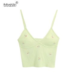 Women Sweet Fashion Floral Embroidery Short Knitted Blouses Vintage Backless Straps Shirts Girls Chic Tops 210520