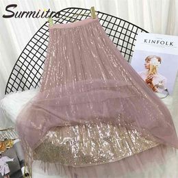 Spring Summer Fashion 3 Layers Sequin Tulle Long Skirt Women Korean Style High Waist Pleated School Female 210421