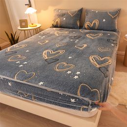 Winter Warm Flannel Elastic Fitted Sheet Mattress Protector Cover Cartoon Print Plush Super Soft Cozy Bed Home Decor 220217