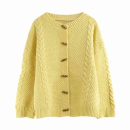 Women Yellow O Neck Single Breasted Wood Button Knitted Loose Sweater Cardigans Solid Cable M0260 210514