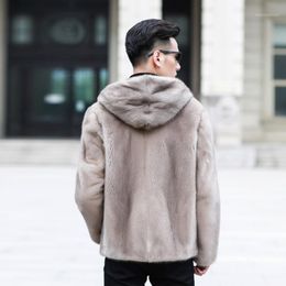 Men's Leather & Faux Fur Natural Hooded Mink Coat Winter Jacket Men Real Shearling Warm Outwear Plus Size Veste Homme 26002 YY762