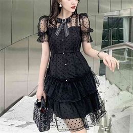 Women's Pearl Beading Mesh Sleeve Dress A-Line Mini Party Sheer Short Female 210603