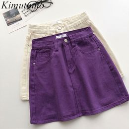 Kimutomo Korean Ins Purple Denim Skirt Summer Women Hong Kong Wind A-line High-waisted Pockets Mini Skirt Casual 210521