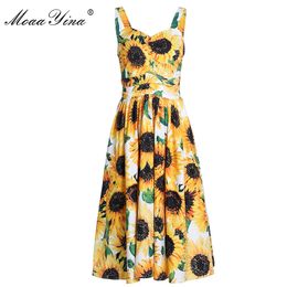 Fashion Designer Runway Dress Summer Women Spaghetti strap Backless Sunflower Floral Print Beach Vacation 210524