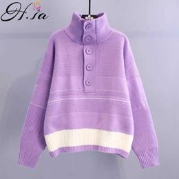 H.SA Winter Turtleneck Sweater for Women Chic Sweater Jumpers Lantern Sleeve Pull Sweater High Neck Striped Oversize Tops 210716